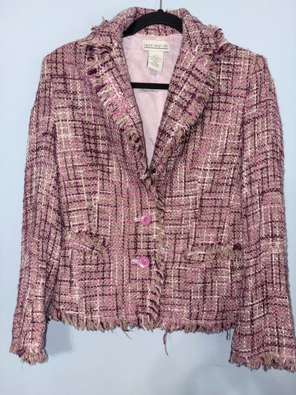 Vintage Laura Leigh Ltd. Y2k Pink Silk Blend Tweed Fringe Blazer Jacket 10